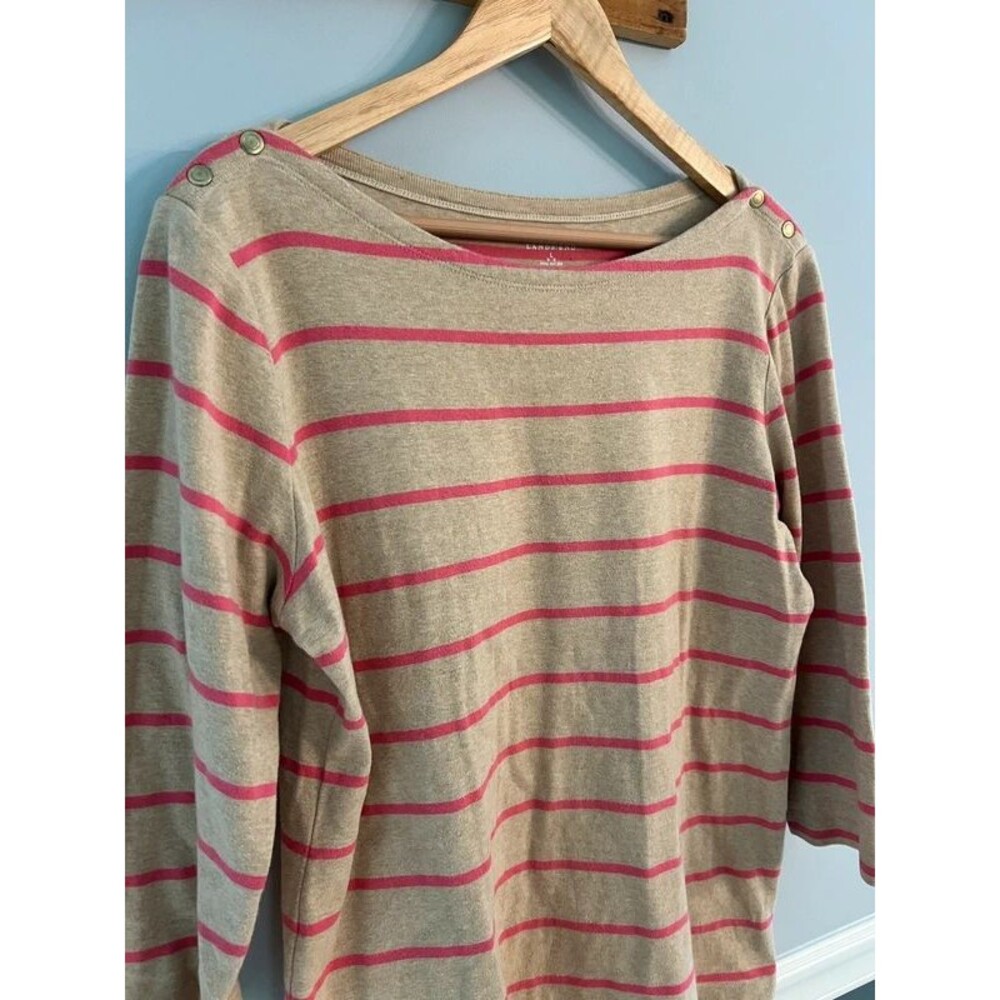 Lands’ End Pink and Tan Stripe Boat Neck Long Sleeve Top Size Large